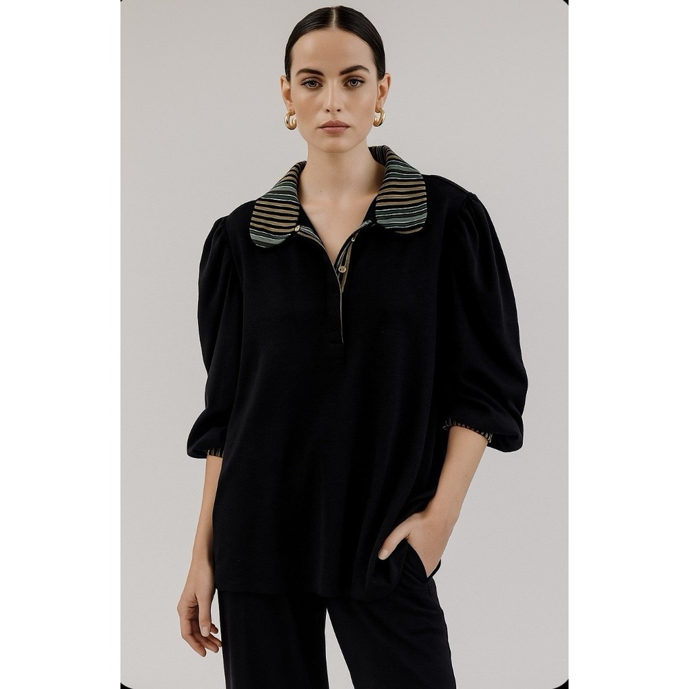 BURU Puff 3/4 Sleeve Striped Collar Top Black Gold Polo Shirt Blouse XL  $118